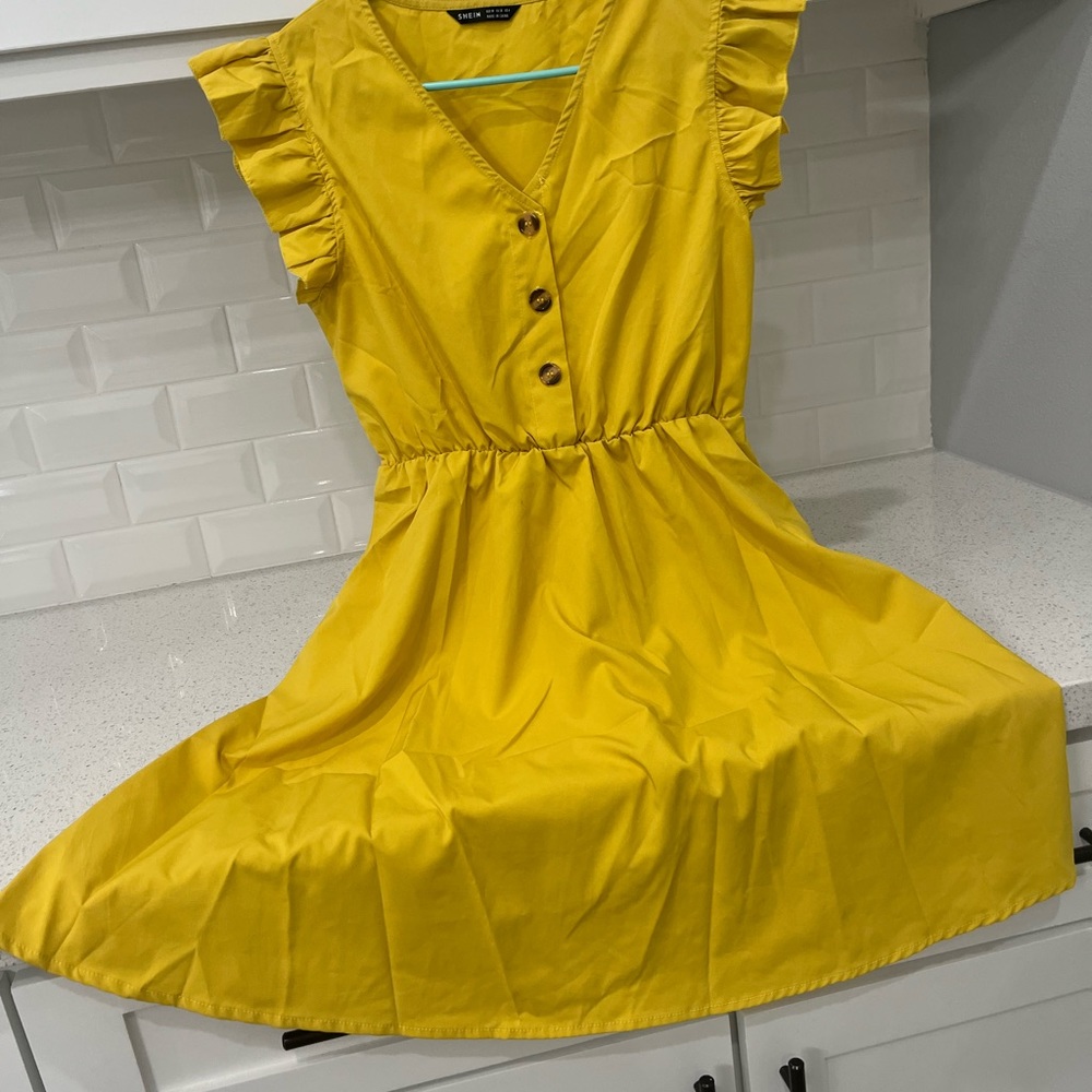 Half Button Ruffle Trim A-line Dress yellow